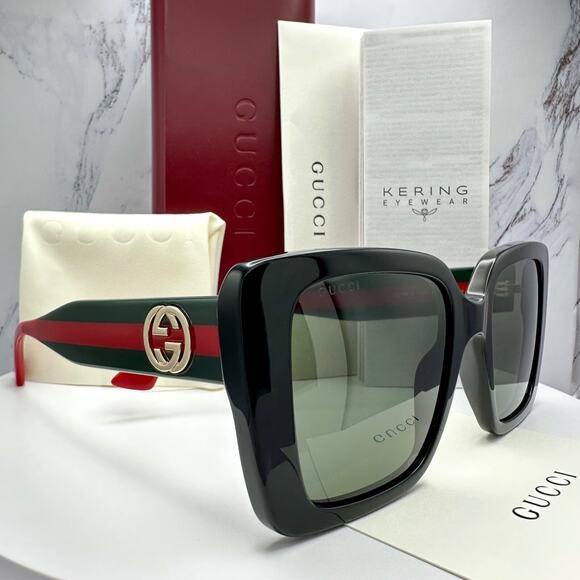 CLASSY New GUCCI Sunglasses Black Gold 3D Metal Logo Square Red Green Arms - Picture 2 of 16